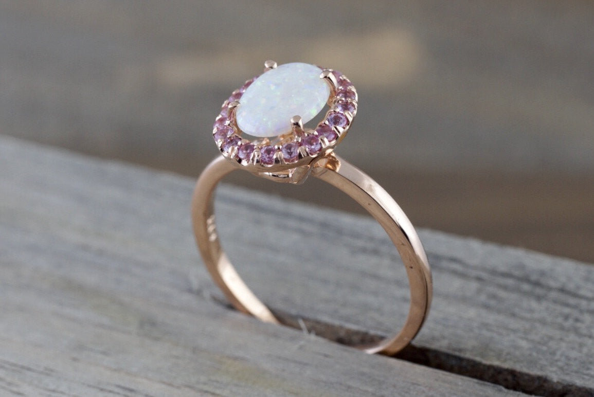 14k Rose Gold Oval Fire Opal And Pink Sapphire Halo Engagement Love Anniversary Ring - Brilliant Facets