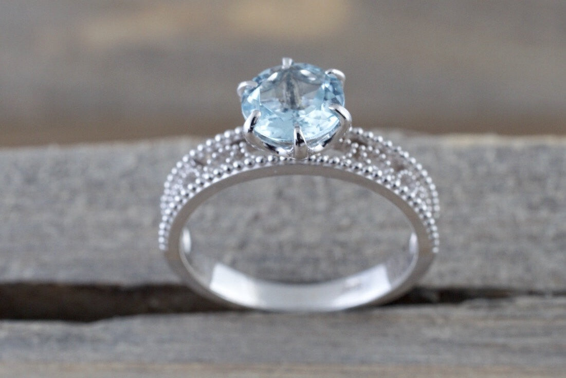 14k White Gold Round Cut Aquamarine Vintage Filigree Engagement Promise Ring Rope