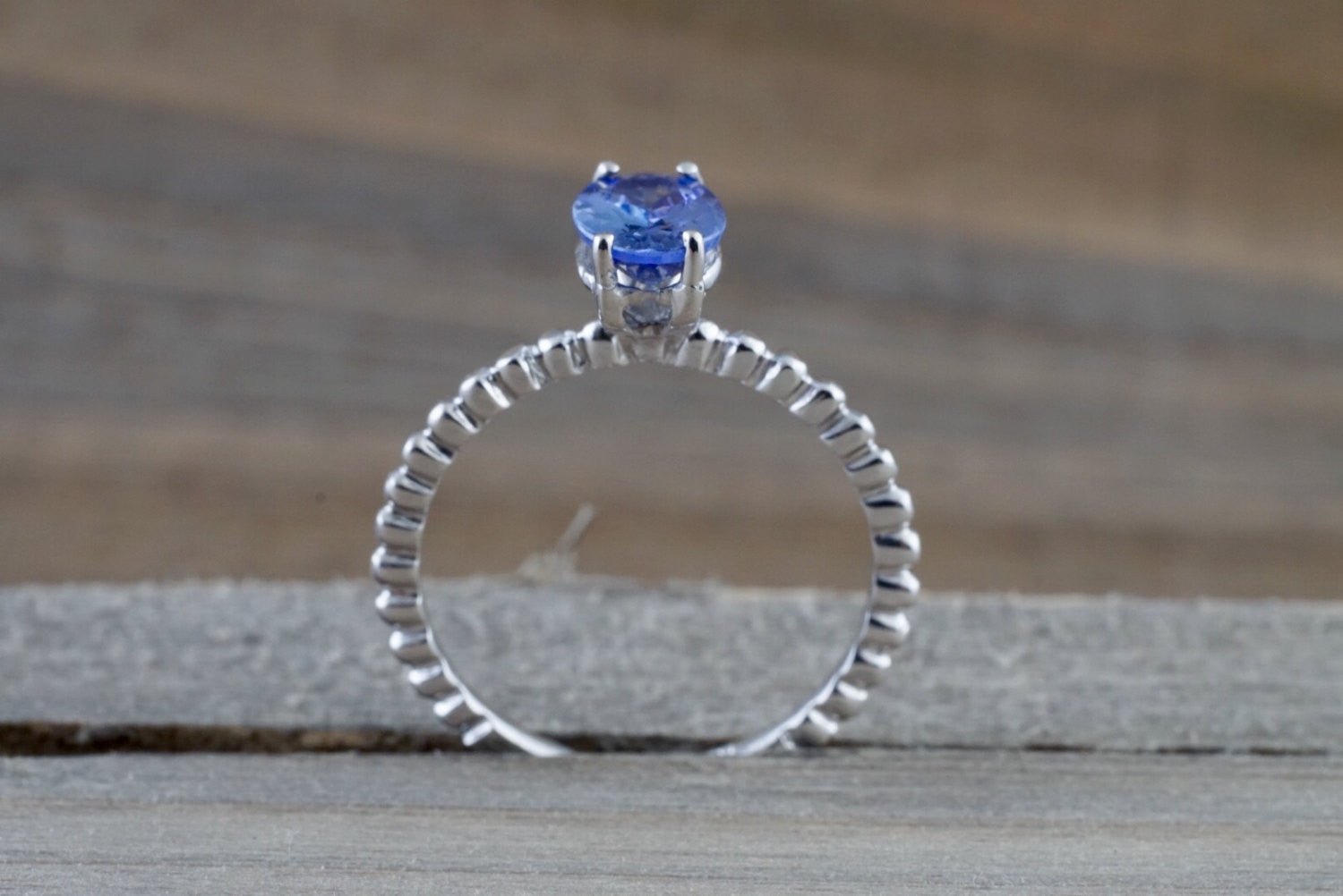 14k White Gold Elongated Oval Cut Tanzanite Engagement Promise Ring Rope Bead Vintage