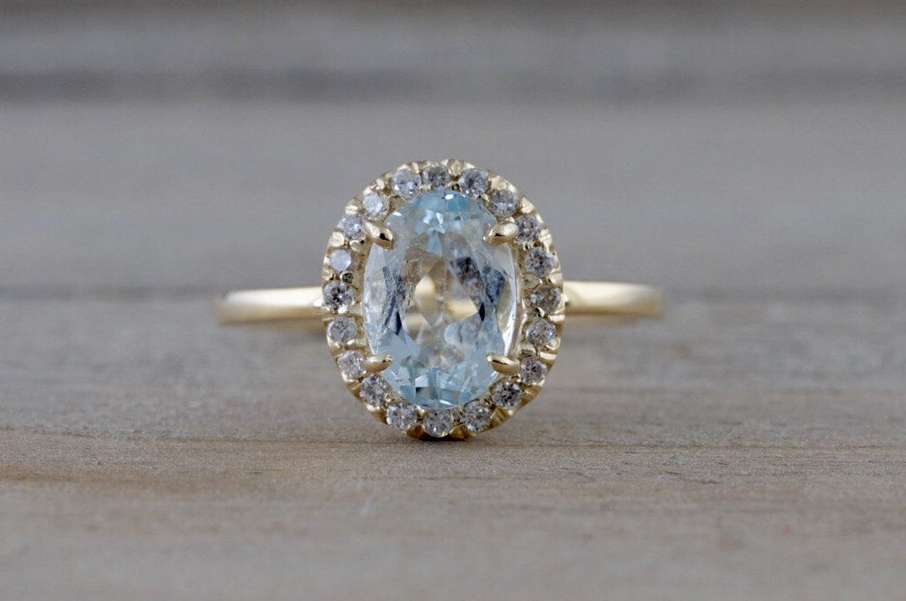 14k Yellow Gold Aquamarine Diamond Halo Engagement Love Anniversary Ring