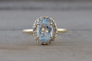 14k Yellow Gold Aquamarine Diamond Halo Engagement Love Anniversary Ring