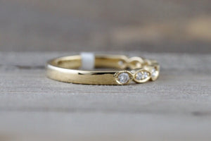 14k Yellow Gold Dainty Diamond Milgrain Band Wedding Anniversary Love Ring Band Vintage Thin