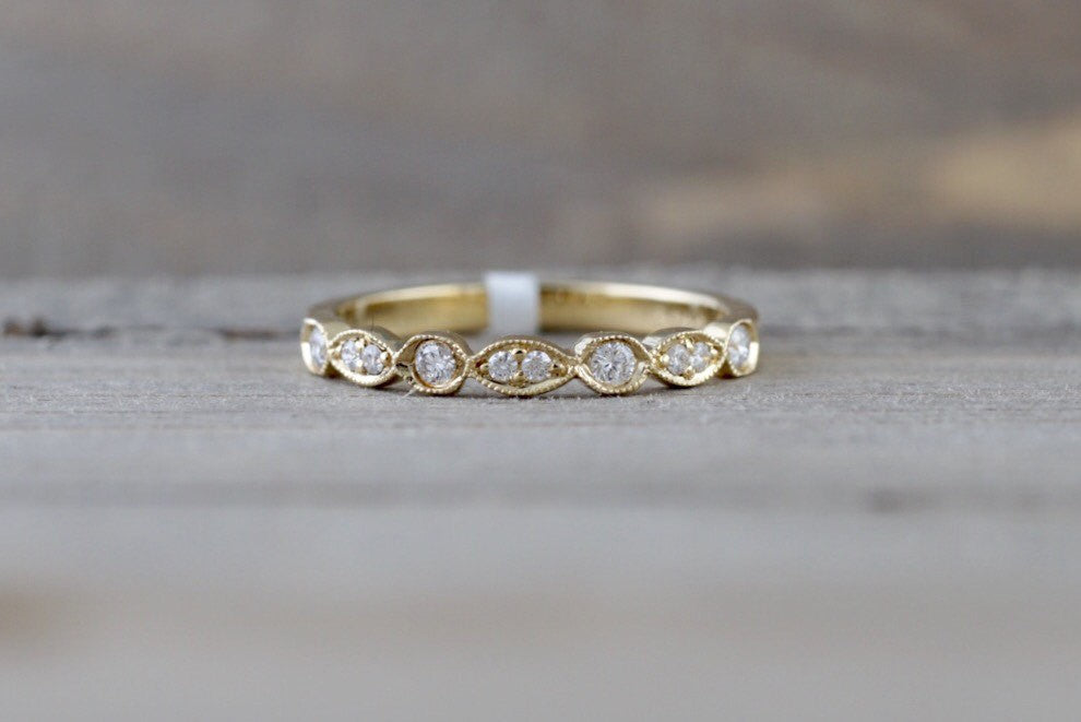 14k Yellow Gold Dainty Diamond Milgrain Band Wedding Anniversary Love Ring Band Vintage Thin