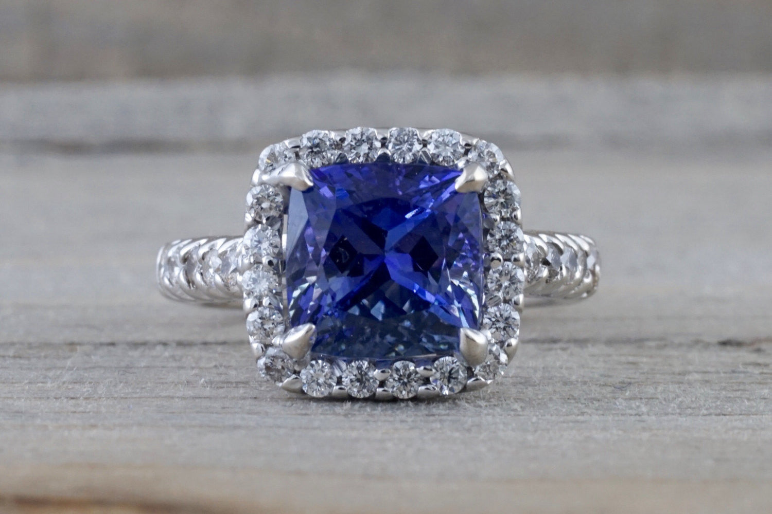 18k White Gold Cushion Cut Exotic Tanzanite Cushion Diamond Halo Promise Ring