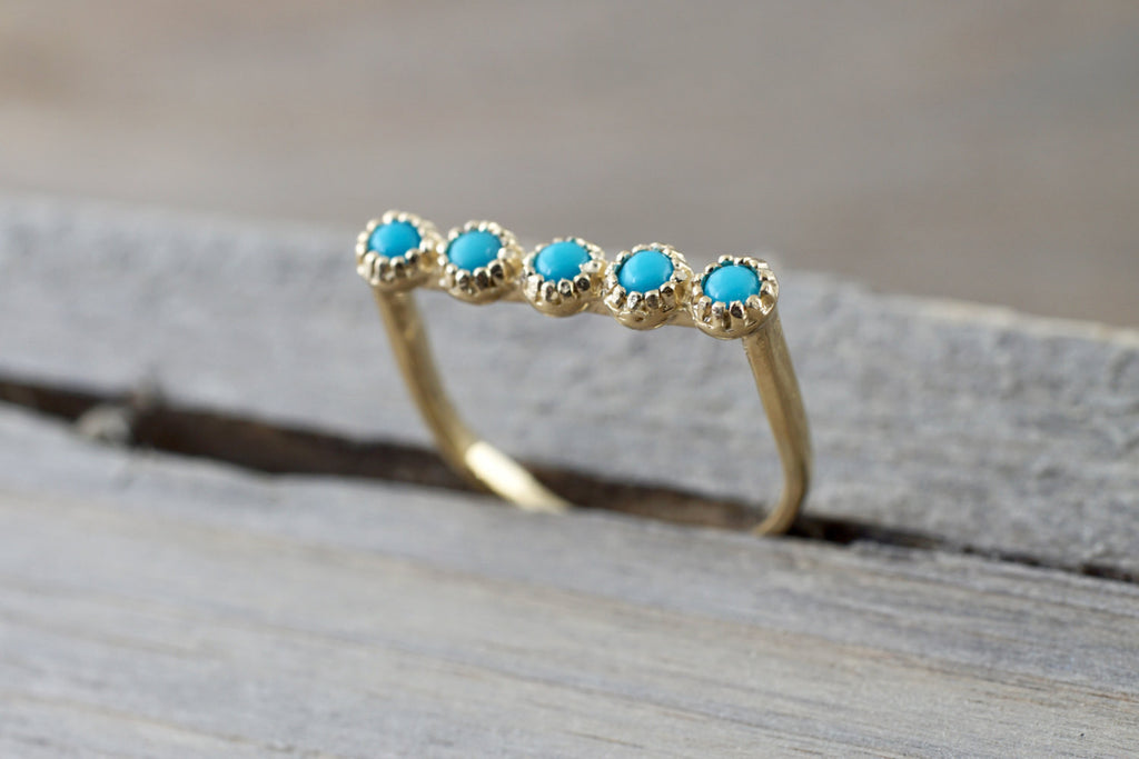 14k Yellow Gold Blue Turquoise Milgrain Stackable Ring