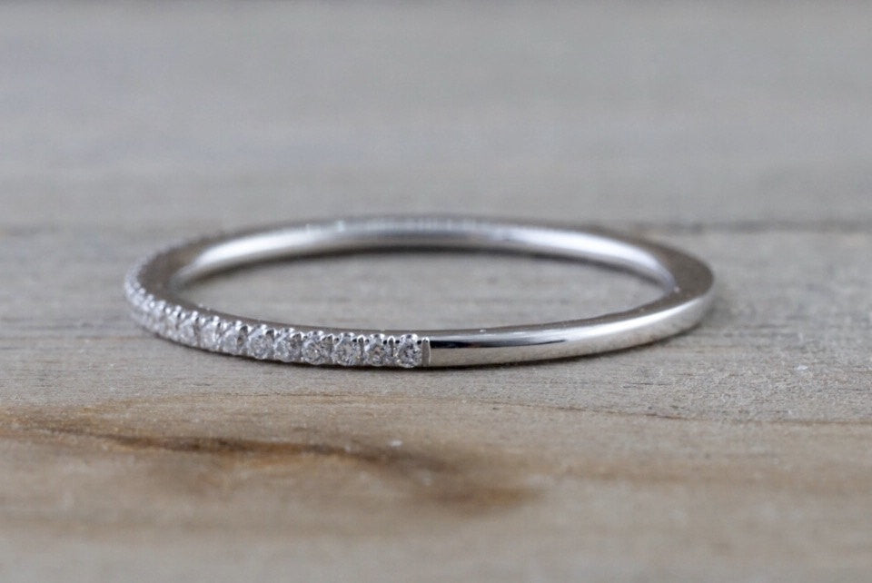 14kt White Gold 1mm Diamond Ring Band Wedding Engagement Stack Dainty