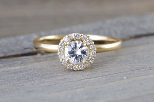 14k Yellow Gold Round 5mm Round White Sapphire Diamond Halo Engagement Ring Crown Vintage 8mm