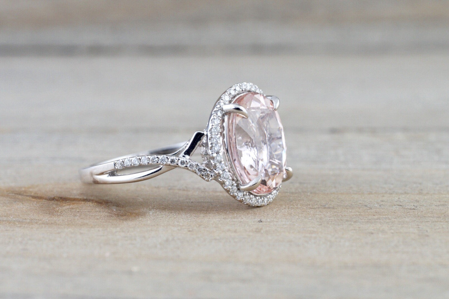 18k White Gold Oval Pink Peach Morganite Diamond Halo Twist Shank Engagement Promise Wedding Anniversary Ring 11x9 RWMTA119