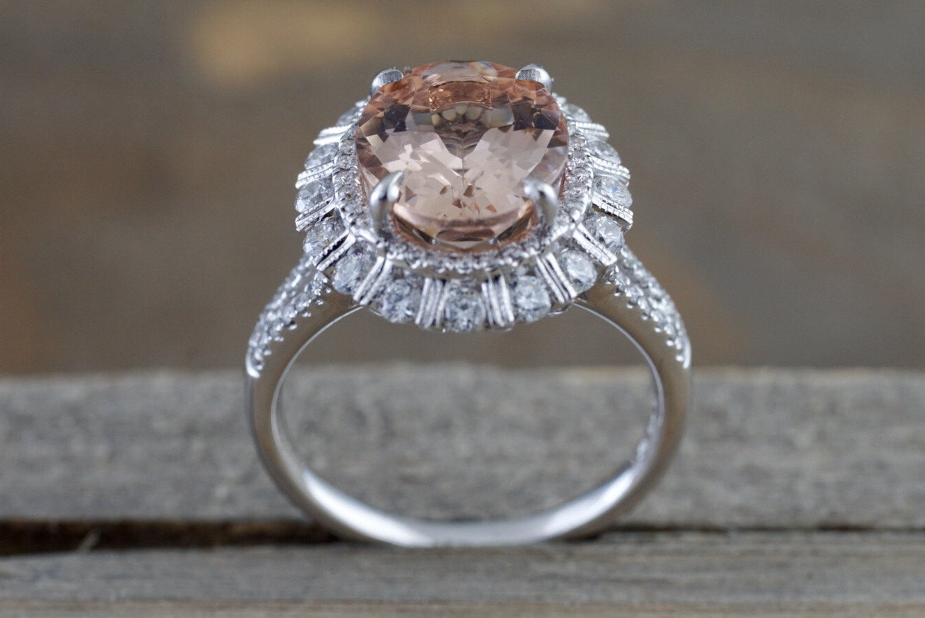 1.18 Carat Morganite Engagement Ring, Wedding Ring 14K White Gold Halo Pave  Certified Handmade