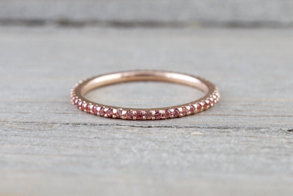 14k Rose Gold Peach Sapphire Dainty Thin Eternity Band Wedding Engagement Stackable Ring - Brilliant Facets