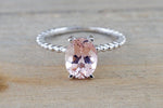 1.85 cts 14k White Gold Elongated Oval Cut Pink Peach Morganite Prong Engagement Promise Ring Rope - Brilliant Facets