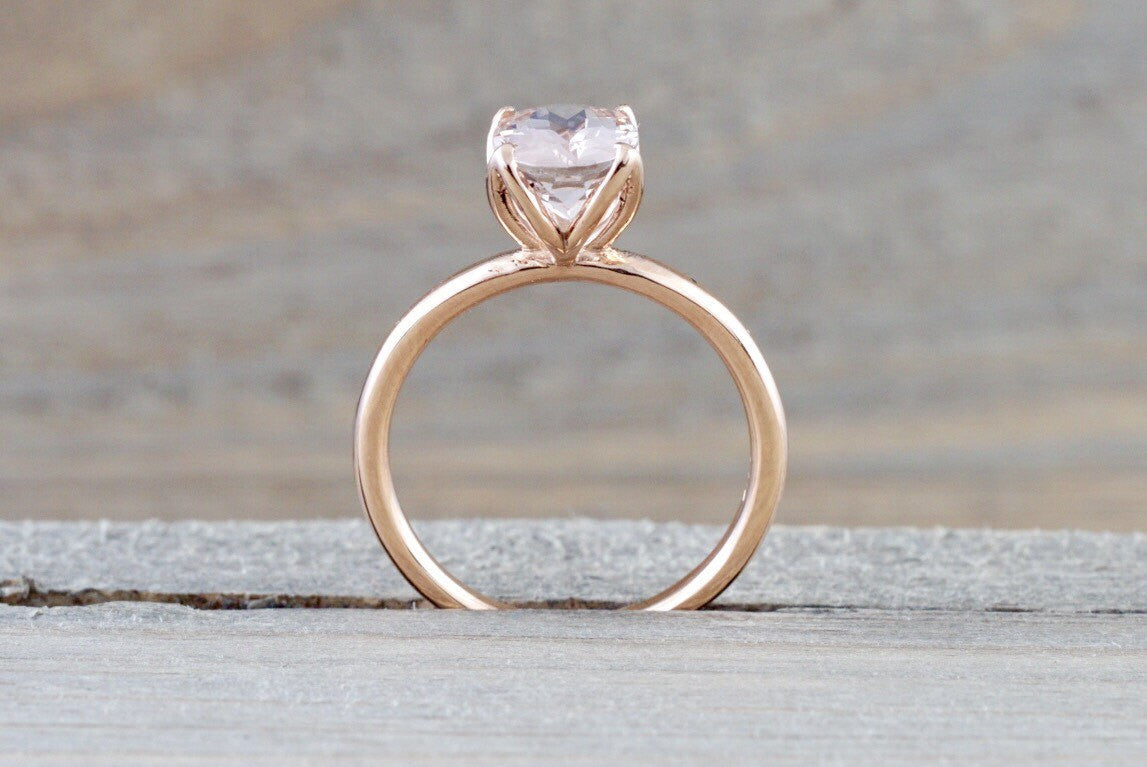 9x7mm 14k Rose Gold Elongated Oval Cut Pink Peach Morganite Prong Engagement Promise Ring Rope