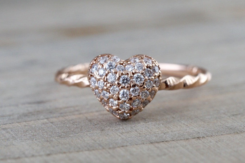 14k Rose Gold Diamond Puff Micro Pave Heart Anniversary Promise Love Ring Band Fashion - Brilliant Facets