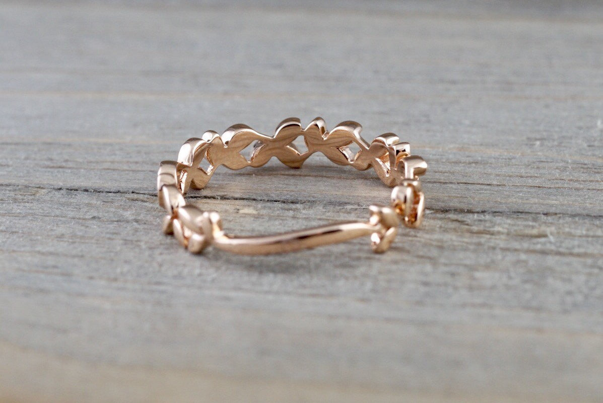 14 kt Rose Gold Diamond Leaf Petal Vine Vintage Design Rope Classic Milgrain Etching Eternity - Brilliant Facets