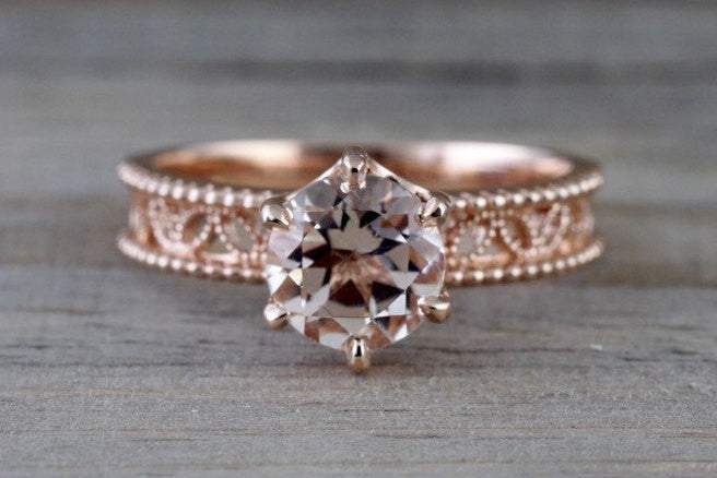 14k Rose Gold Round Morganite Diamond Halo Ring Vintage Design - Brilliant Facets