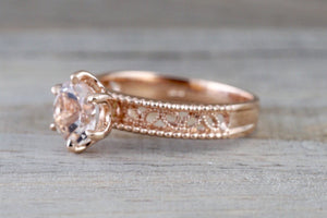 14k Rose Gold Round Morganite Diamond Halo Ring Vintage Design - Brilliant Facets