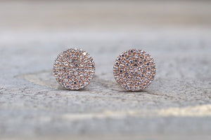 14k Rose Gold Pave Set Diamond Disk Disc Circle Round Stud Earring Post Micro - Brilliant Facets