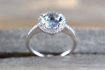 8mm 14k White Gold Thin Round Diamond Halo Blue Aquamarine Ring Band