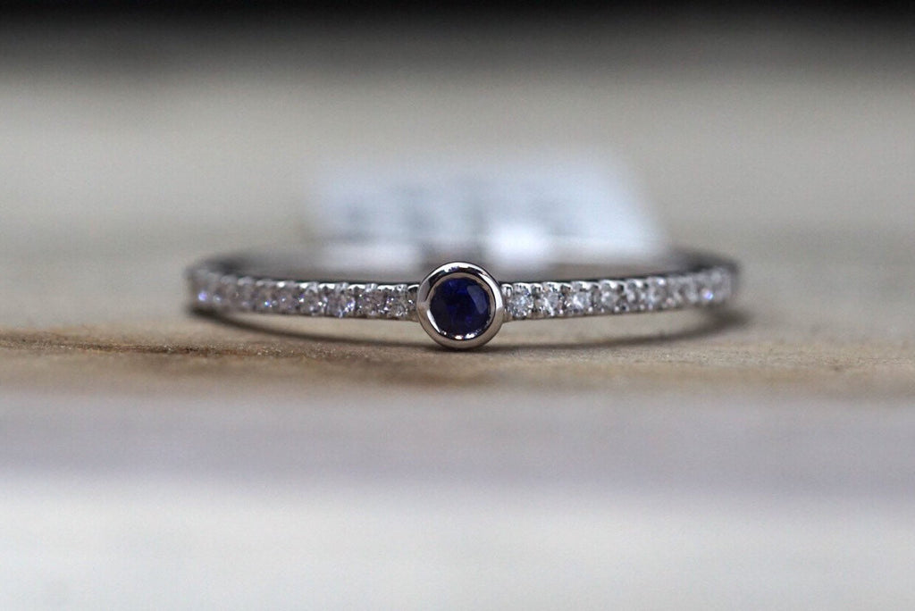 14k White Gold Round Cut Blue Sapphire Bezel Diamond Engagement Promise Ring Anniversary
