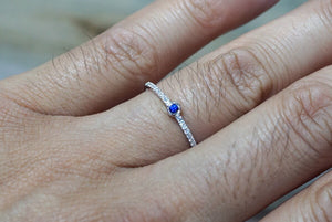 14k White Gold Round Cut Blue Sapphire Bezel Diamond Engagement Promise Ring Anniversary