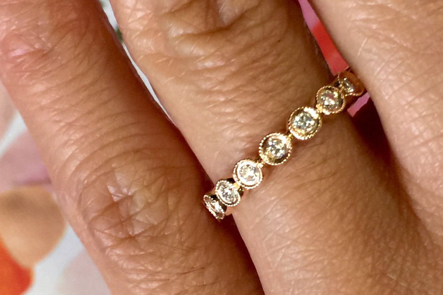 14k Rose Gold Diamond Vintage Milgrain Bezel Full Eternity Band Ring Wedding - Brilliant Facets