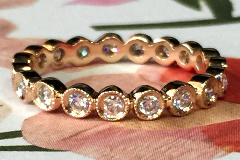 14k Rose Gold Diamond Vintage Milgrain Bezel Full Eternity Band Ring Wedding - Brilliant Facets