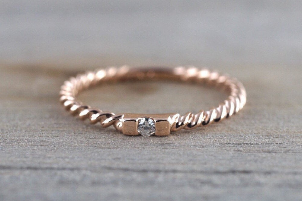 14k Solid Rose Gold Past Present Future Stackable Diamond Hammered Textured Twist Braided Ring - Brilliant Facets