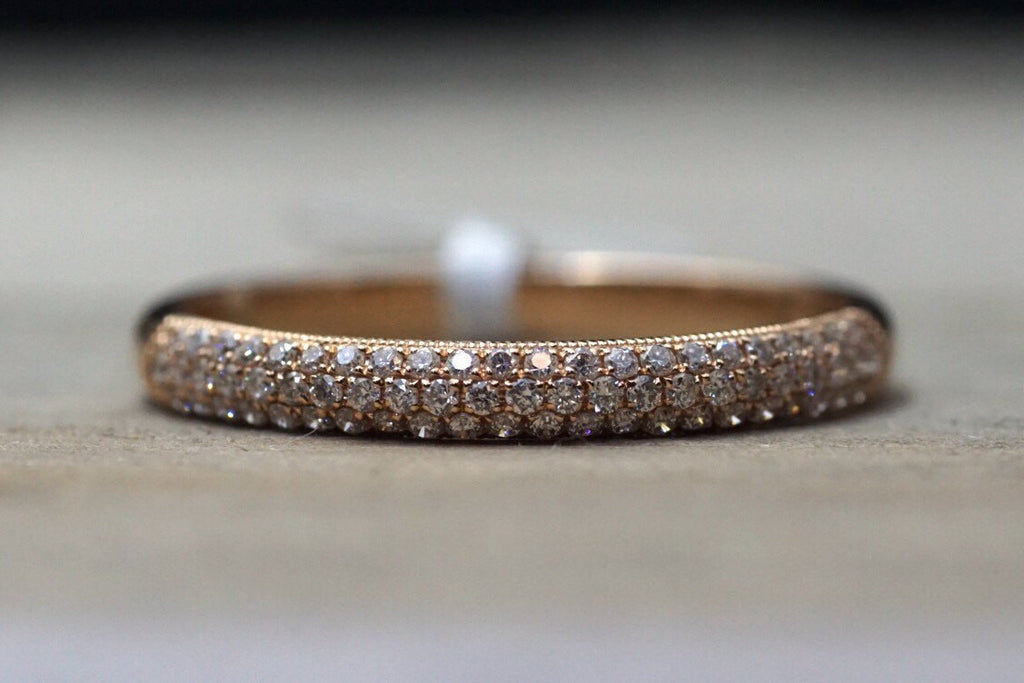 14k Rose Gold Micro Pave Dome Design Dainty Thin Diamond Engagement Band Brilliant Cut - Brilliant Facets