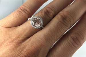 8mm Morganite 14k White Gold Round Pink Peach Diamond Halo Engagement Ring