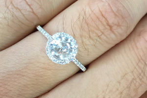 18k White Gold Round White Topaz Halo Diamond Engagement Promise Ring Anniversary