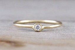 14k Yellow Gold Diamond Round Circle Ring Dainty Band Bezel Birthstone Gemstone Stackable