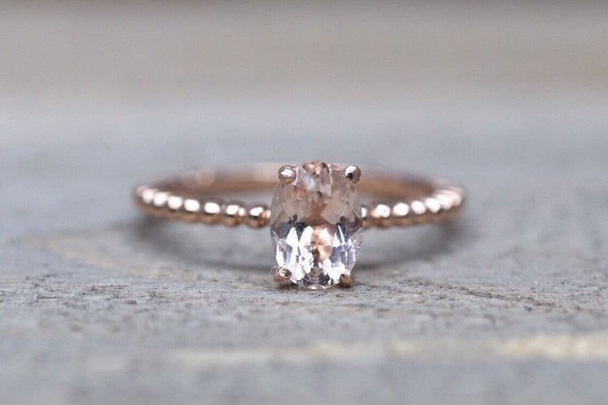 14k Rose Gold Elongated Cushion Cut Morganite Engagement Promise Ring Bead Vintage - Brilliant Facets