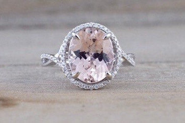 18k White Gold Oval Pink Peach Morganite Diamond Halo Twist Shank Engagement Promise Wedding Anniversary Ring 11x9 RWMTA119