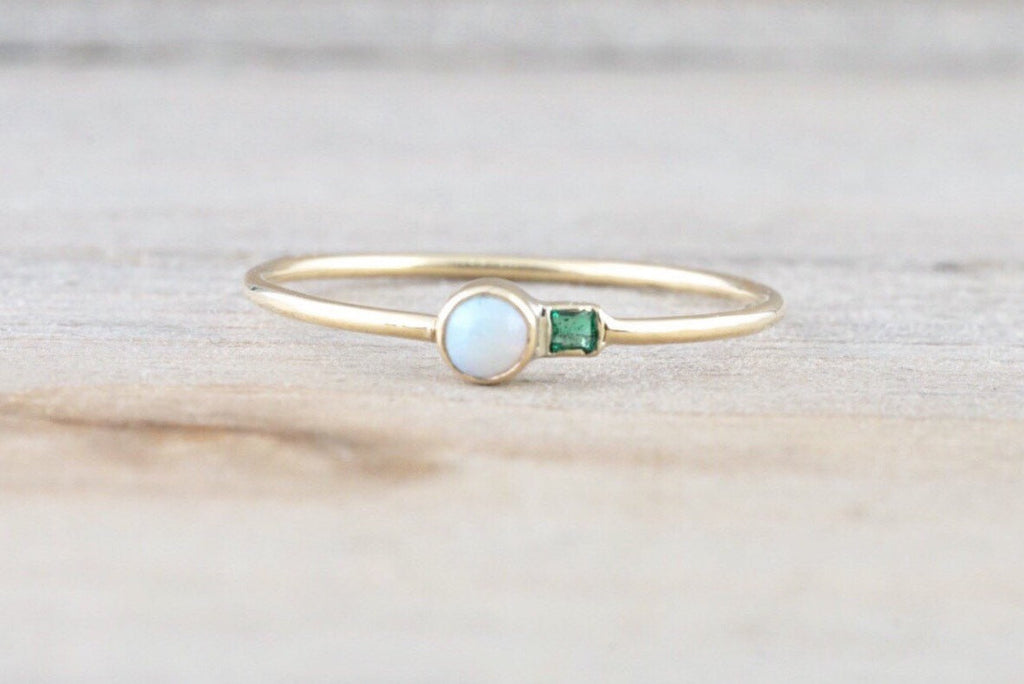 14k Yellow Gold Fire Opal Emerald Ring Dainty Band Bezel Mothers Birthstone Gemstone