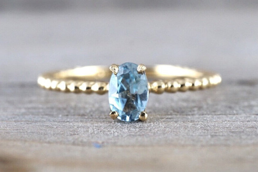 14k Yellow Gold Oval Cut Aquamarine Bead Band Design Solitaire Prong Engagement Promise Ring Rope