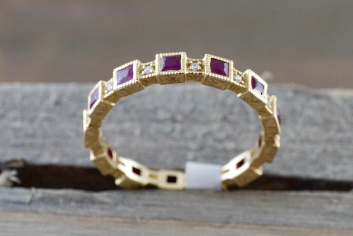 14k Yellow Gold Square Princess Cut Red Ruby Eternity Gemstone Diamond