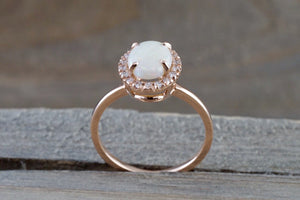 14k Rose Gold Oval Fire Opal Diamond Halo Love Ring Art Deco Vintage - Brilliant Facets