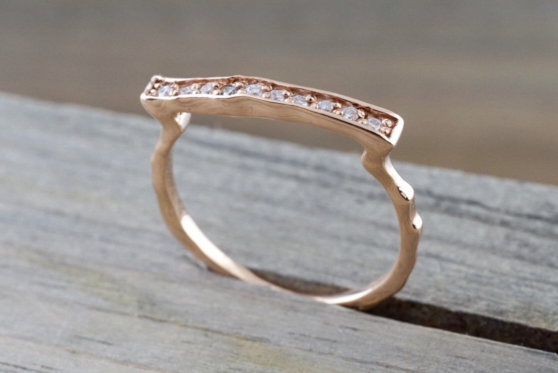 14kt Rose Gold Diamond Hammered Band Ring