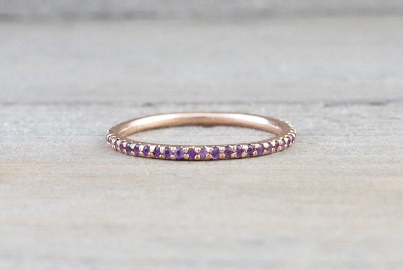 14k Rose Gold Purple Amethyst Dainty Eternity Band Wedding Anniversary Engagement Ring - Brilliant Facets