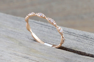 14kt Rose Gold Diamond Ring Marquis Vintage Rope Milgrain  Stackable