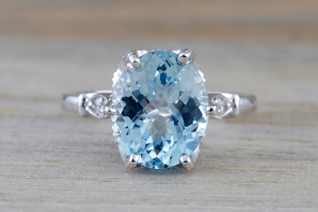 Aquamarine set on 14k White Gold With Round Cut Diamonds Art Deco Vintage Design Ring Anniversary Engagement 11x9mm