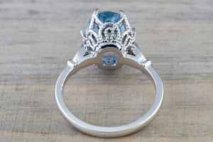 Aquamarine set on 14k White Gold With Round Cut Diamonds Art Deco Vintage Design Ring Anniversary Engagement 11x9mm