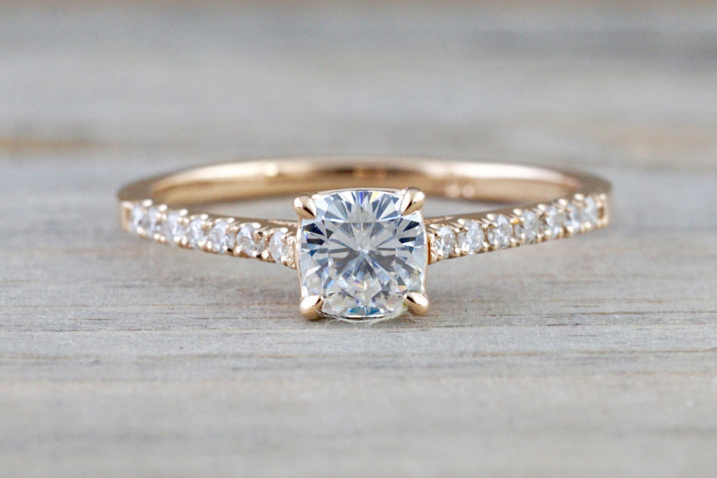 14k Rose Gold Solitaire Cushion Moissanite Diamond Engagement Promise Ring Charles & Colvard 4.5mm - Brilliant Facets