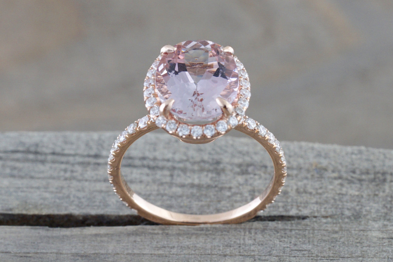 14k Rose Gold Oval Morganite Diamond Halo Dainty Eternity 3/4 Engagement Ring Vintage - Brilliant Facets