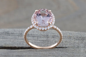 14k Rose Gold Oval Morganite Diamond Halo Dainty Eternity 3/4 Engagement Ring Vintage - Brilliant Facets