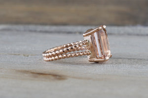 14k Rose Gold Elongated Emerald Cut Morganite Split Shank Rope Engagement Ring Bead - Brilliant Facets
