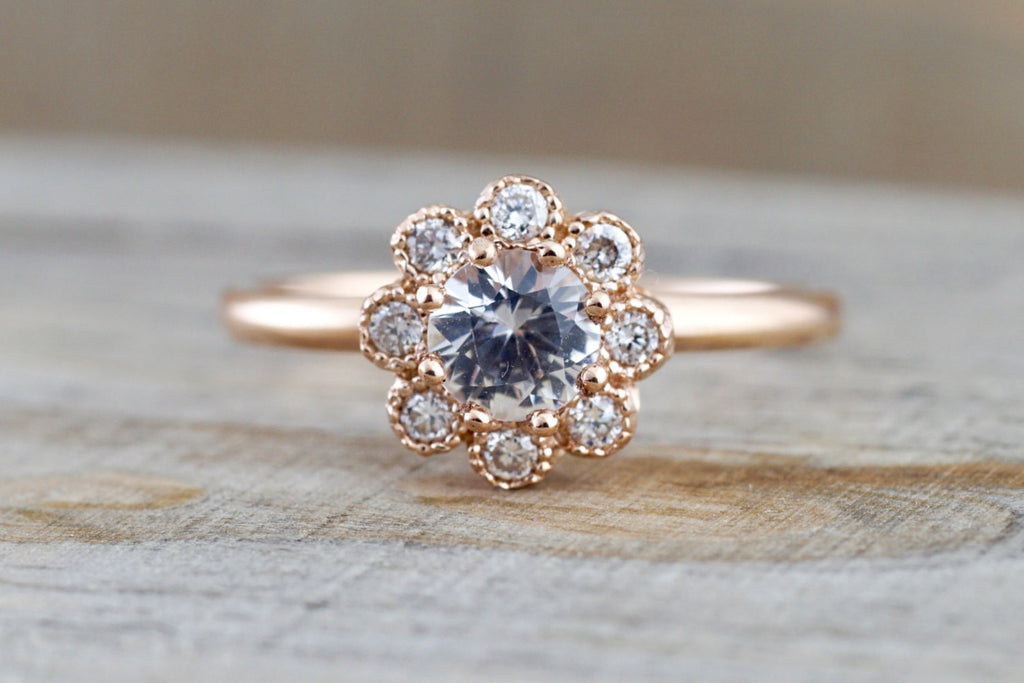 14k Rose Gold Round White Sapphire Diamond Halo Engagement Ring Band Floral Flower - Brilliant Facets