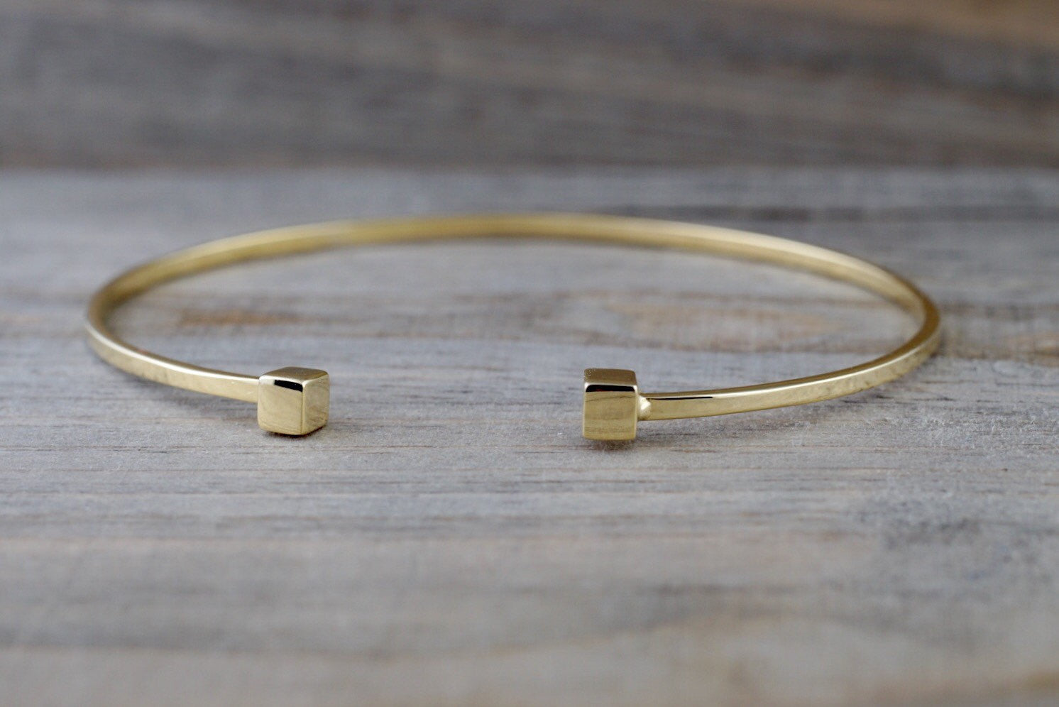 14k Solid Yellow Gold Square Charm Bracelet Dainty Love Gift Fashion Open Cuff Bangle - Brilliant Facets