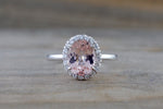 14k White Gold Oval Morganite Peach Beige Diamond Halo Engagement Ring Vintage 10mm