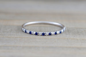 14k White Gold Diamond Sapphire Dainty Band Wedding Stackable Ring